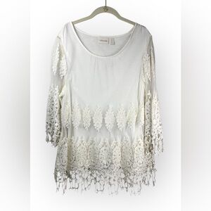 Chico’s Womens Embroidered Mesh Raina 3/4 Sleeve Crochet Lace Top Size 2/L White